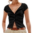 thumbnail image 2 of Cardigan de manga corta con botones y canalé para mujer: color liso, tejido elástico, versátil para combinar, ajuste cómodo, tallas disponibles de XS a XL, 2 of 3