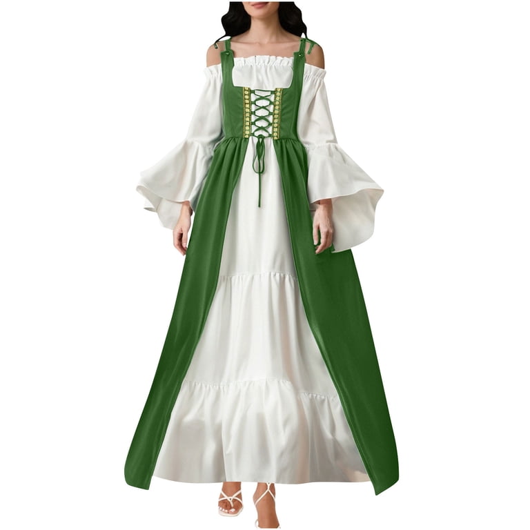 Gathrrgyp Women's Print Gothic Party Dress,Women's Medieval Court Long Sleeves Waisted One-Shoulder Neck Long Dress Mint Green M, Size: Medium