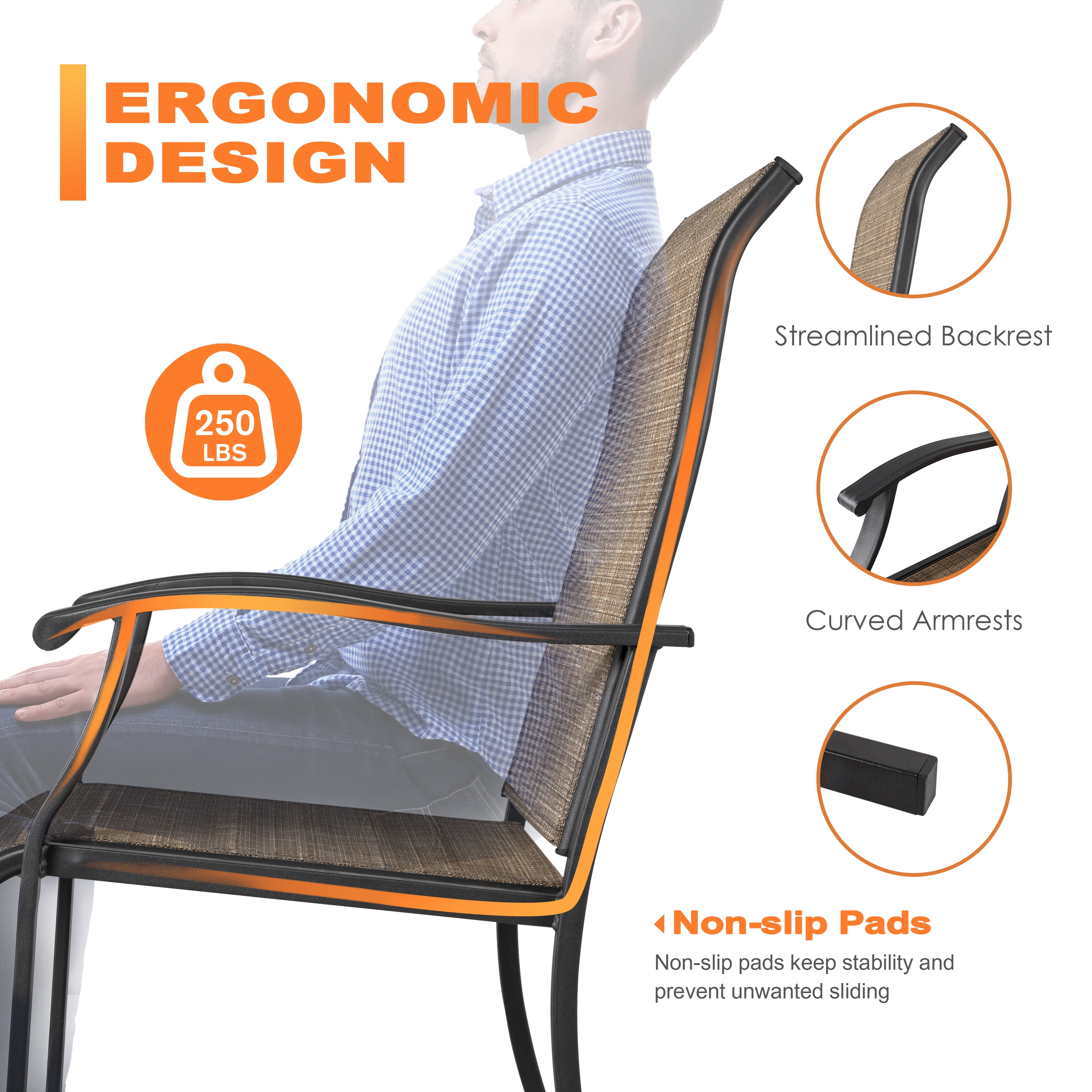 Nuu Garden Patio Chairs Set of 2, Outdoor Dining Chairs High Back with Metal Frame and Textilene Sling, Lawn Chair, for Garden, Backyard, Porch, Brown