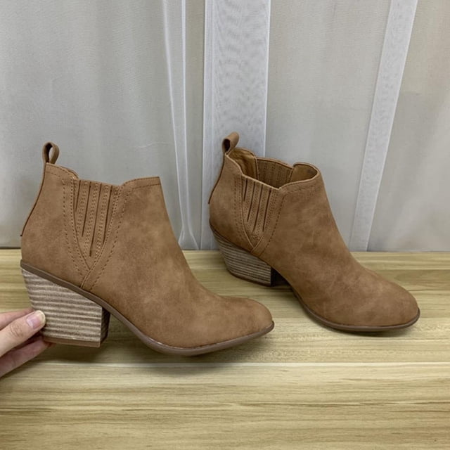 EGNMCR Bottines pour Femmes Vintage Bottes à Enfiler pour Femmes Bout Pointu Talon Épais Rond Chaussures Courtes