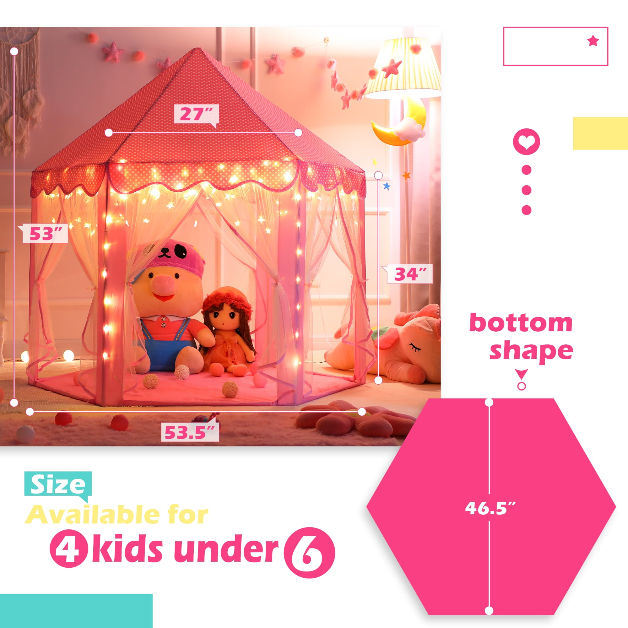PigPigPen Princess Castle Kids Tent for 3-12 Years Girls Toddlers Playhouse Indoor Outdoor Toys with Star Lights