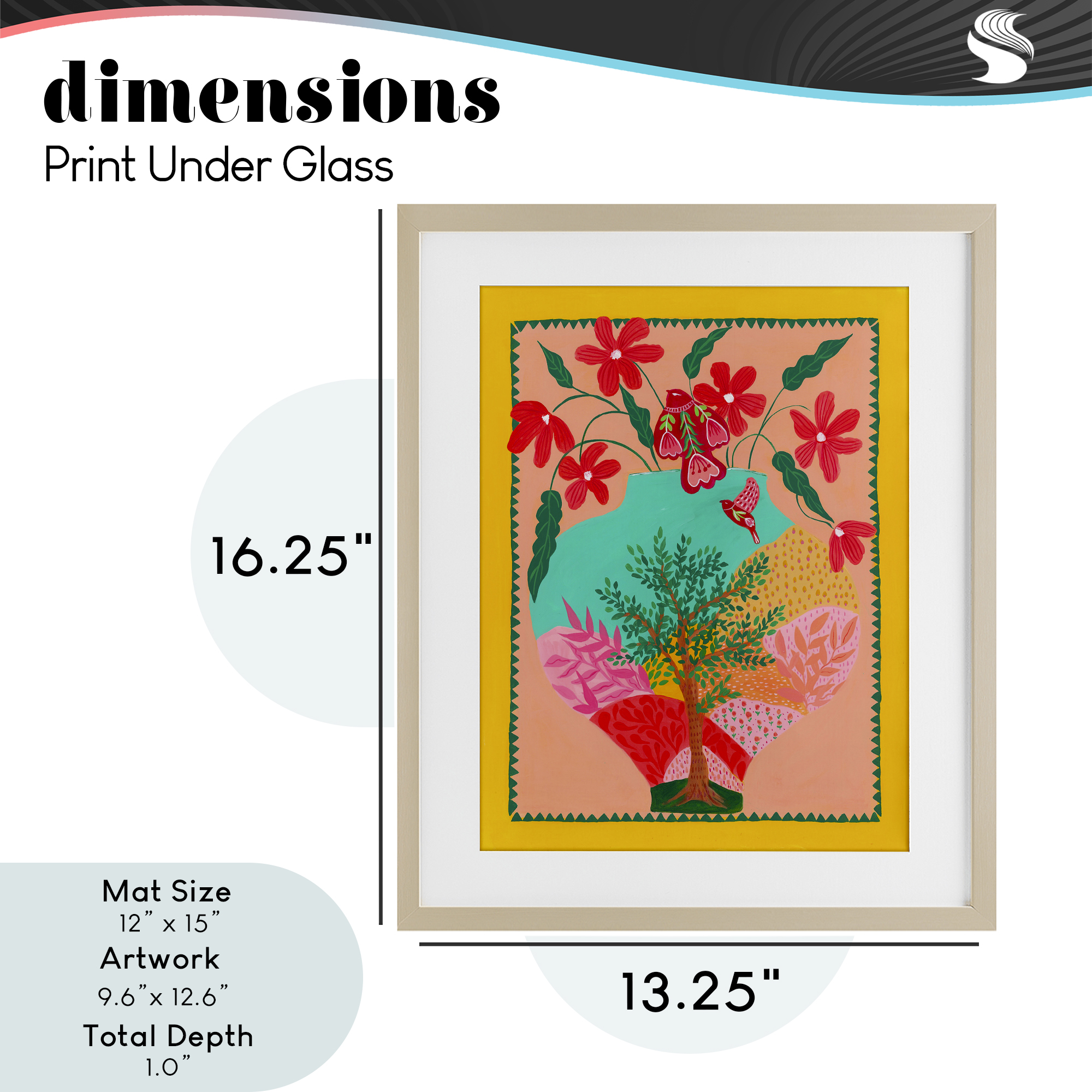 Folk Patterned Hope Vase Birch Framed Print Under Glass, design by Nabeela Rumi