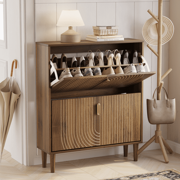 Algherohein Shoe Cabinet Entryway with 2 Flip Drawers,16-20 Pairs Modern Shoe Storage Cabinet,Walnut