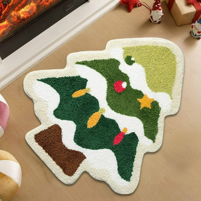 Christmas Bath Rugs for Bathroom,Christmas Door Mat Outdoor,Christmas Mat Indoor,Christmas Tree Bathroom Rugs for Living Room Green Rug Absorbent Washable Bath Mat Shower Soft Thick Bathtub Carpet