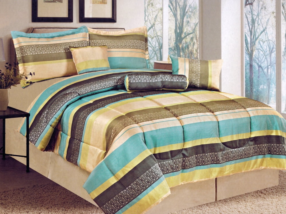7Pc Striped Royal Motif Jacquard Comforter Set Sage Green Beige Blue