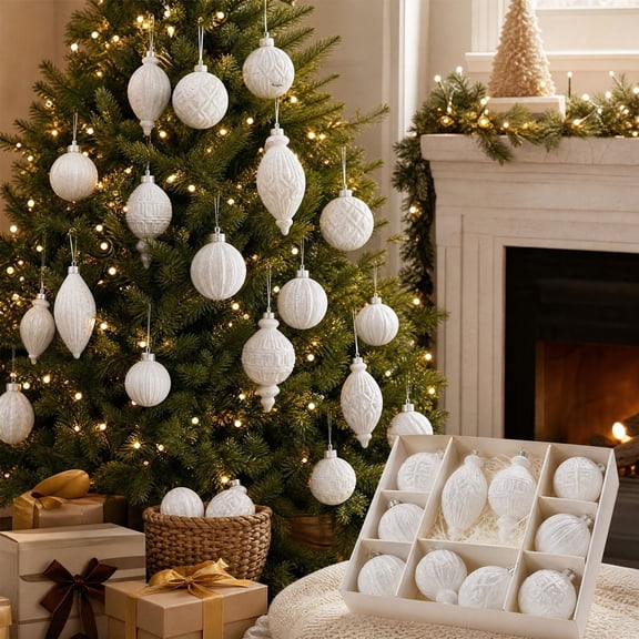 Holiday Christmas Ball Ornament Set, 10-Piece, White, Shatterproof Hanging Baubles for Holiday Tree, Wreath and Party Decor