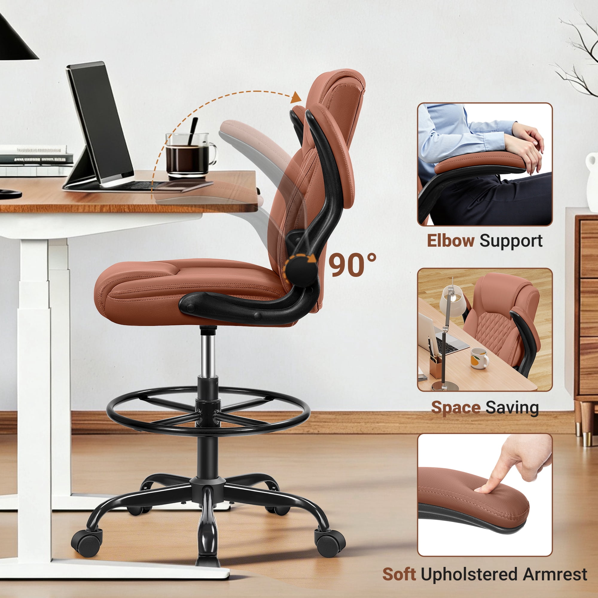 COOLHUT High Back Office Chair with Flip-Up Armrests, PU Leather Executive Ergonomic Computer Chair, Features Lumbar Support, Adjustable Foot Ring for Standing Desks, Home Offices, Brown