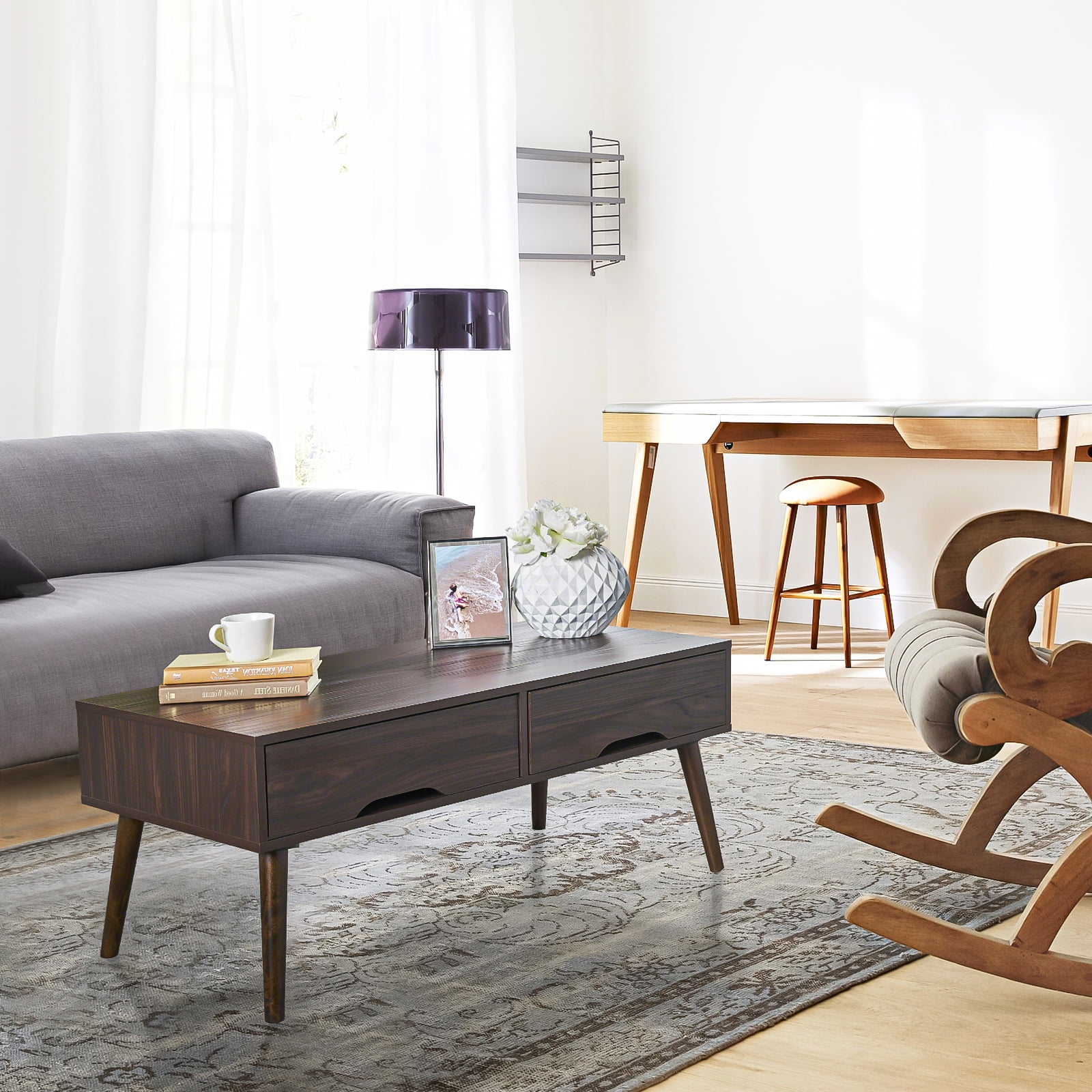 Kadyn Mid Century Coffee Table, Fiberboard Accent TV Table with Rubberwood Legs, Rectangle Center Table Sofa Table for Living Room, Wenge Kadyn Mid Century Coffee Table, Fiberboard Accent TV Table with Rubberwood Legs, Rectangle Center Table Sofa Table for Living Room, Wenge
