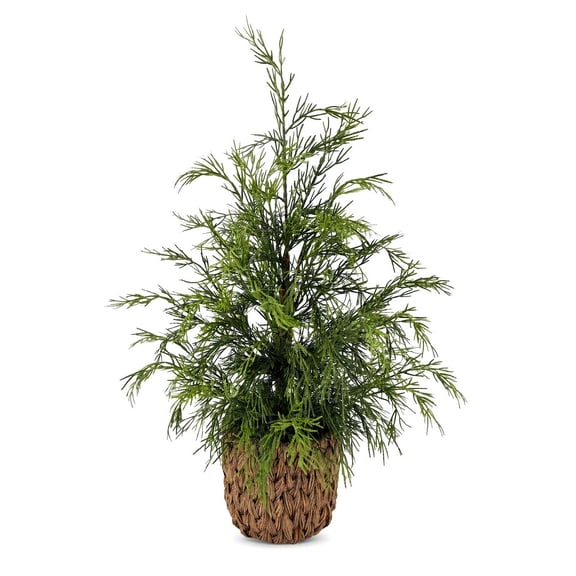 18" Real Touch Artificial Cypress Pine Tree in Rattan Pot, Mini Christmas Tree, Rustic Farmhouse Christmas Decorations, Table Centerpieces, Home Decor for Front Porch Room Kitchen Office