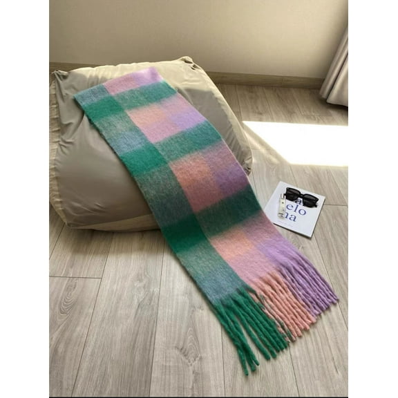 Nvzi-a Plaid Scarf for Women Chunky Scarves Winter Warm Thick Oversized Blanket Scarf，AC Green Pink