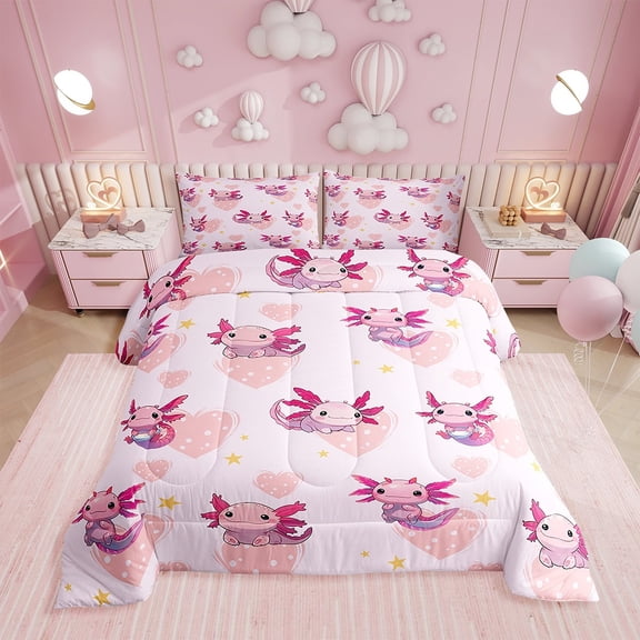 Erosebridal Cute Axolotl Comforter Set,Pink Coastal Animal Bedding Set,Ocean Cute Axolotl Reversible Duvet Insert,Heart Print Quilt with 1 Pillowcase Lightweight,Twin