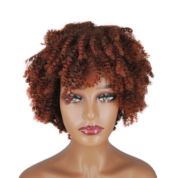 Short Auburn Synthetic Curly Wig with Bang Afro Kinky Curly