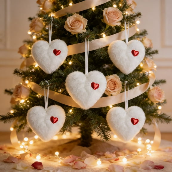 Vggrvlo 6Pcs Valentine's Day Plush Heart Ornaments 4.72 Inch Fuzzy Heart Decor with Red Accents Soft Christmas Tree Hearts for Xmas, Valentine's, Wedding, Party, Home Outdoor Decoration (6Pcs-White)