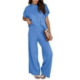 thumbnail image 3 of LANGWYQU Women 2 Pieces Knit Sets Short Sleeve Mock Neck Tops & Wide Leg Pants Suit, 3 of 5