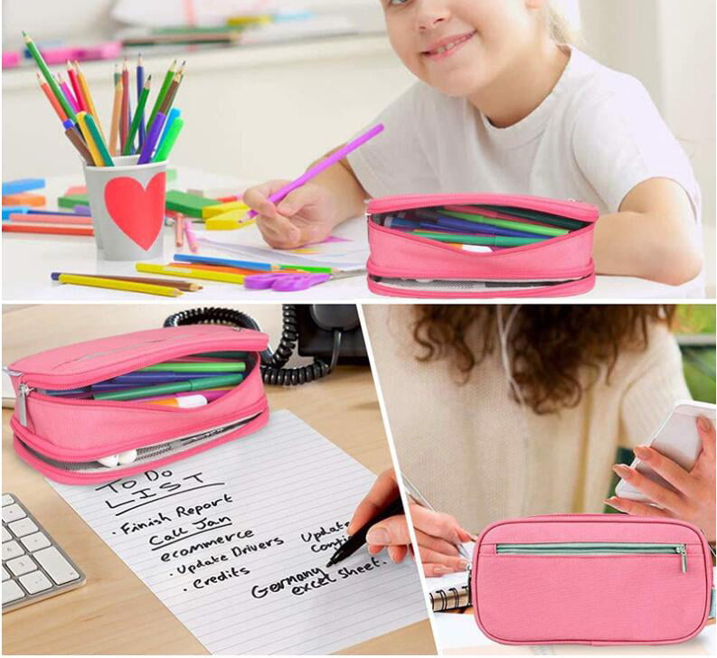 GO-OFFICE Pink Sheep Student Pu Double Zippers Pencil Case Pen Hlder for Back to School Office School Gift