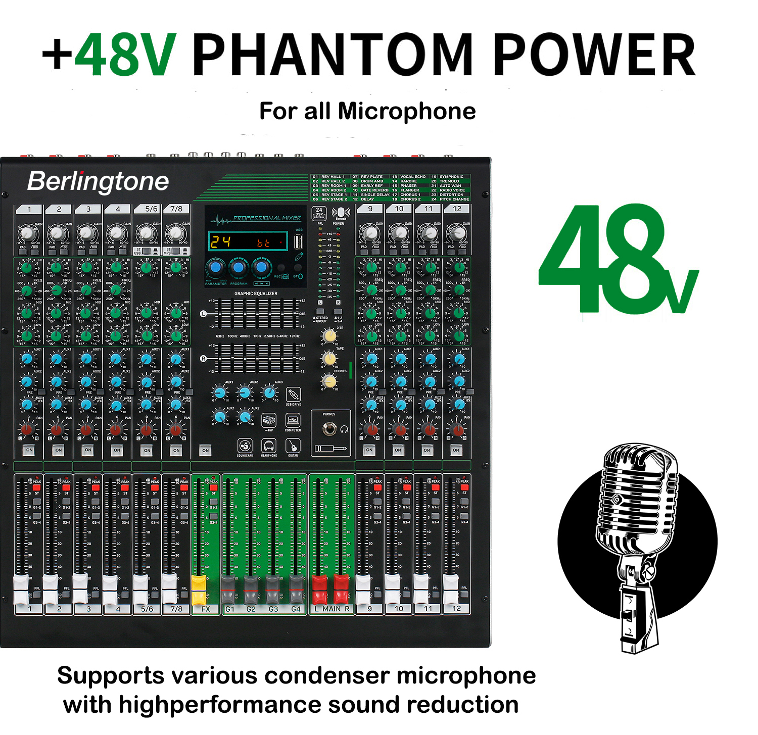Berlingtone BR-212MX,12-Channel Professional Bluetooth Audio Mixer, PC Recording, 24 DSP Effects,48V Phantom Power,10 Microphone Jack, 2 Stereo Input Soundboard,14 band EQ, RCA Input/Output, Unpowered