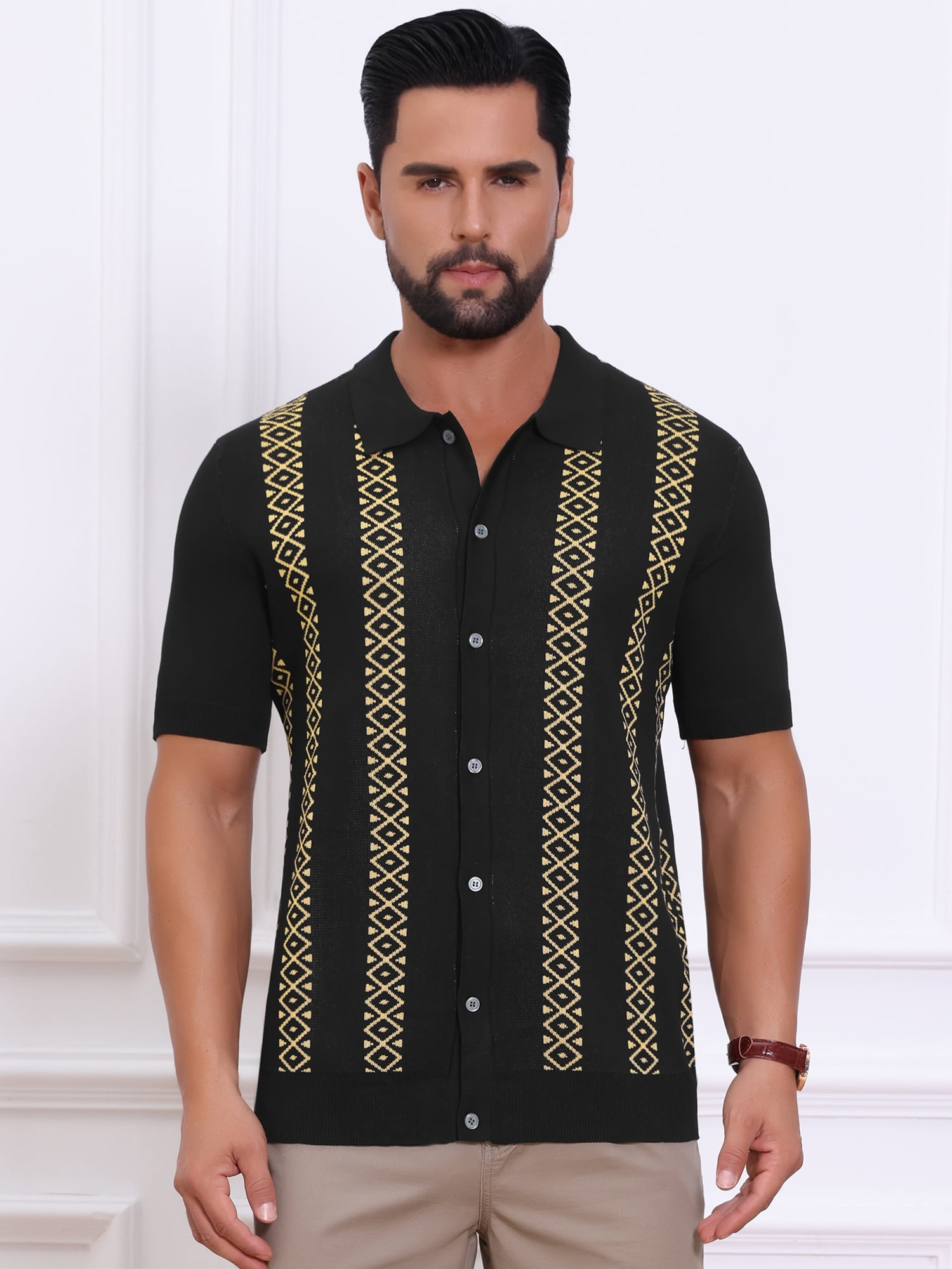 DARING DIVA Men's Jacquard Short Sleeve Button Down Knitted Golf Polo Shirts 2XL Black