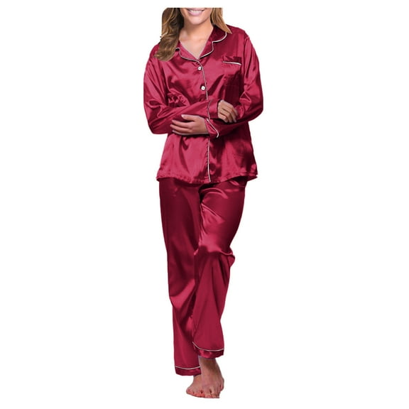Skpblutn Plus Size Pajama Set for Women Long Nightwear Robe Underwear Suit Satin Long Loose Nightgowns Sleepwear Red