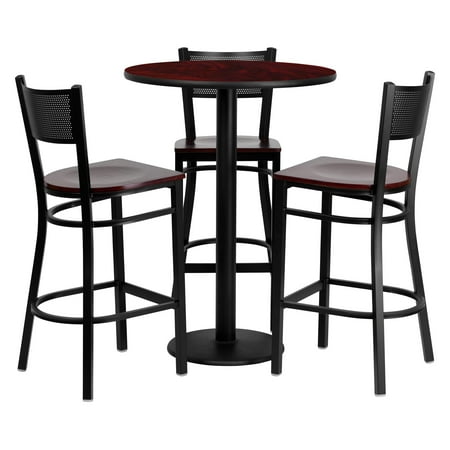 - Flash Furniture 30'' Round Mahogany Laminate Table Set with 3 Grid Back Metal Barstools, Mahogany Wood Seat