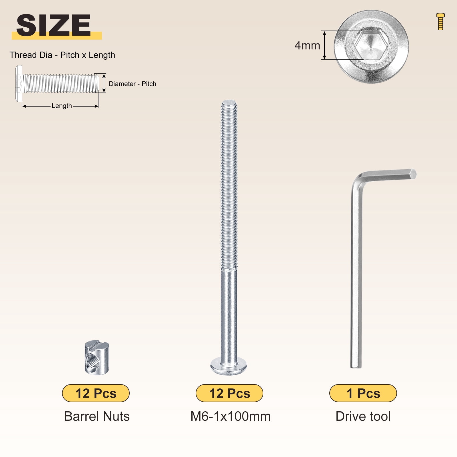 Uxcell Furniture Connector Bolt Cap Nut Kit with Wrench(M6-1x90mm) 24Pcs, Connector Bolts M6 Countersunk Screw Barrel Nuts