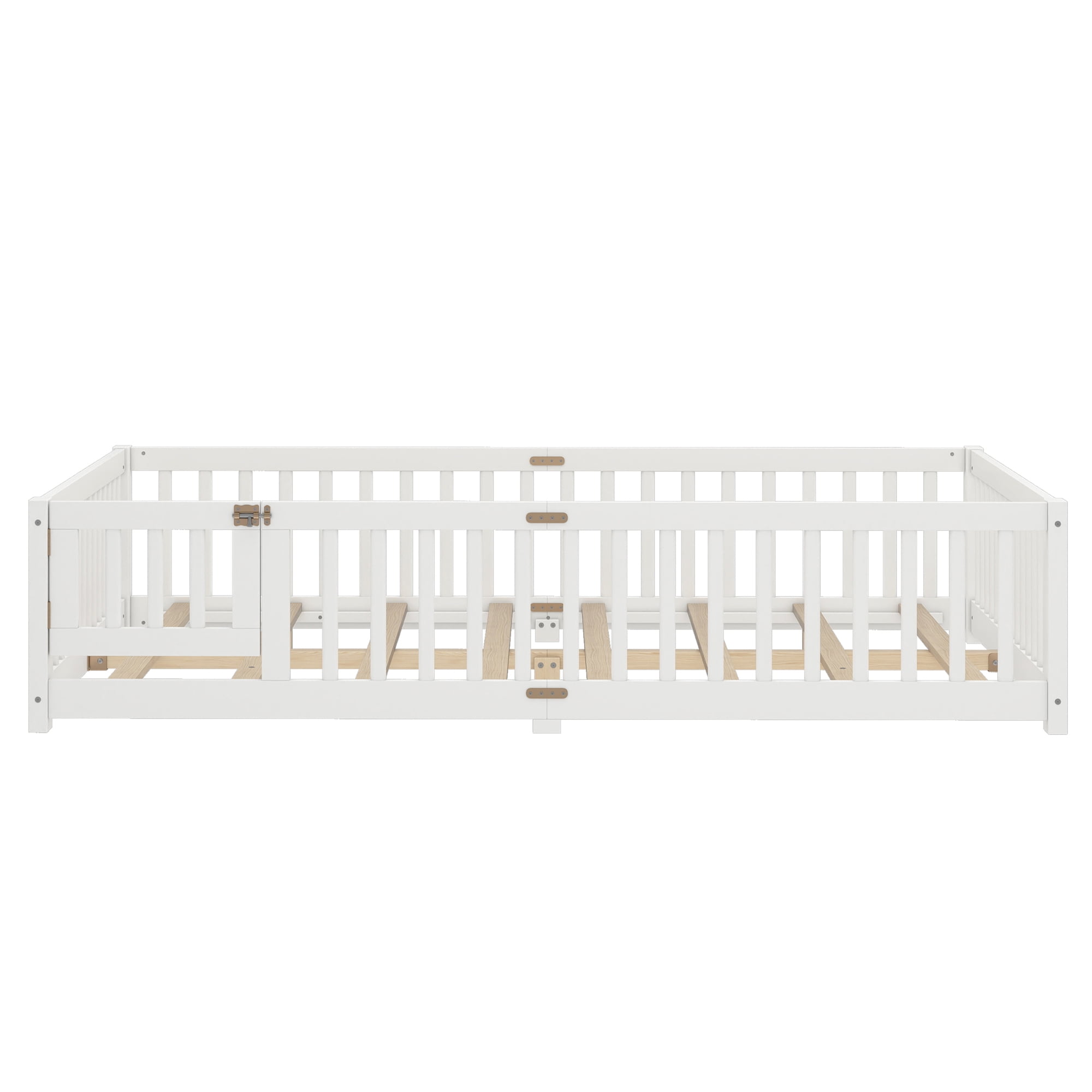 Jopath Queen Size Floor Bed Frame,Montessori Bed with Guardrails and Door,with Slatted Base,for Kids,Boys,Girls,White
