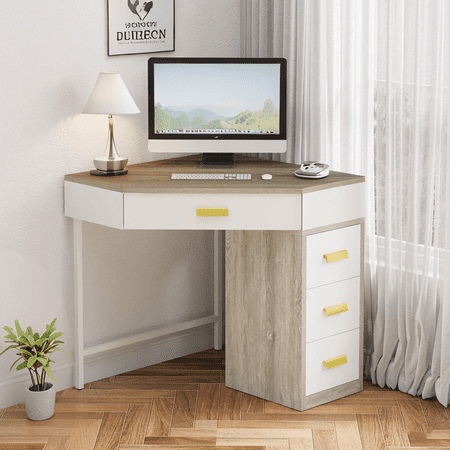 Tribesigns Corner Desk, Triangle Computer Desk with 3 Drawers, 90-Degree Writing Desk PC for Home Office, Living Room, Bedroom