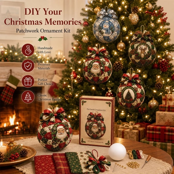 4‑inch No‑sew Patchwork Christmas Ball DIY Ornament Kit, Complete Fabric Craft Set for Handmade Xmas Tree Holiday Decor