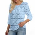 thumbnail image 1 of Craaazy Women's Relaxed Fit Crew Neck Blouse, Solid Color 3/4 Sleeve Lace Eyelet Top, Loose Comfy Floral Lace Casual Tee for Spring & Summer Gifts, 1 of 7