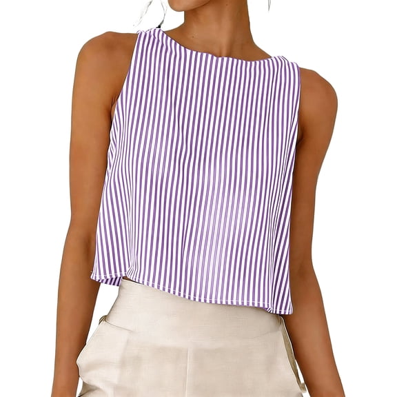 VEKDONE Womens Stripe Crop Tank Tops Summer Sleeveless Crew Neck Vest Casual Loose Fit Lightweight Cotton Tanks Fashion Cropped Y2K Shirts Purple XXL