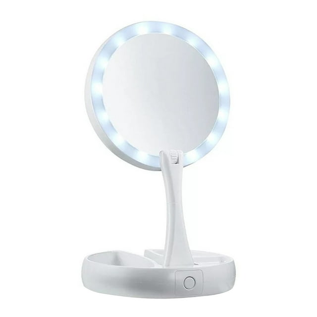 Espejo de maquillaje LED plegable con forma redonda y luz para uso doméstico y de viaje, color blanco