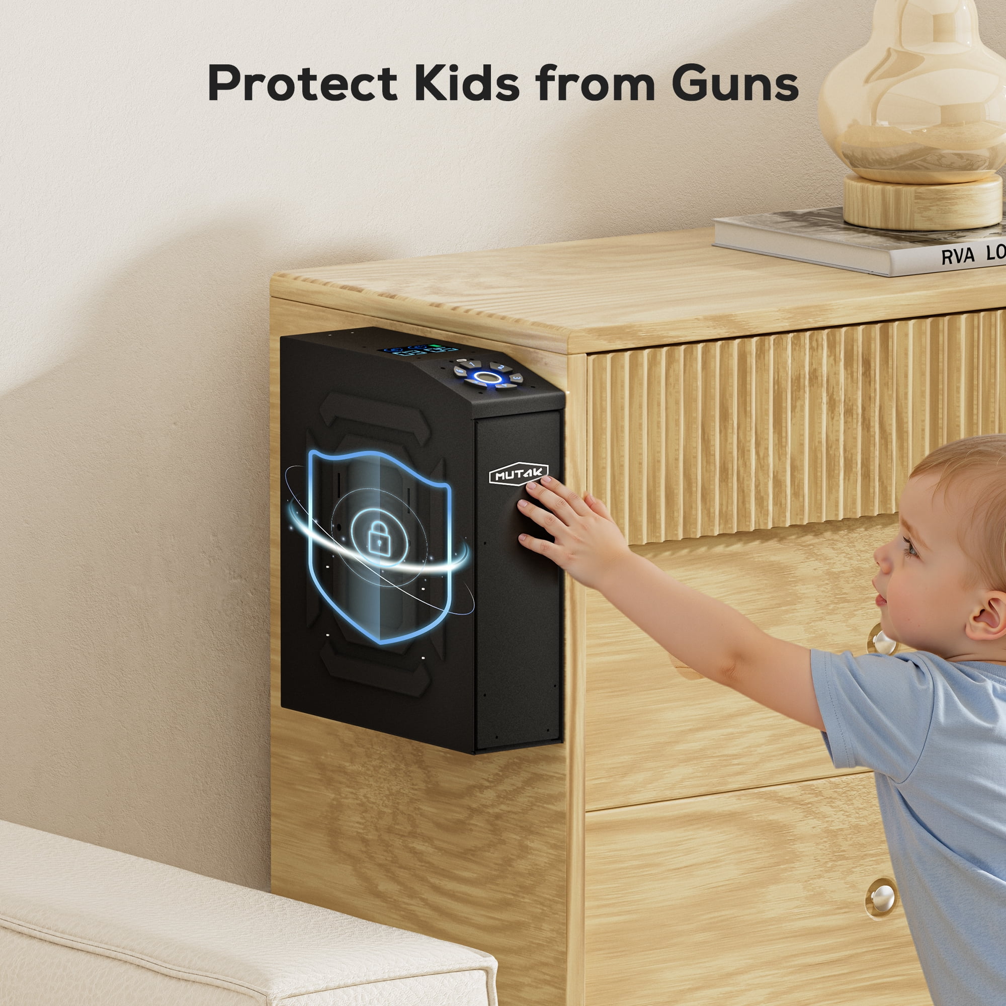MUTAK Biometric Gun Safe for Handgun with LCD Screen for Nightstand, Desk, Bed Side,Truck - Auto Sliding Door Hand Gun Safe for Pistol with APP/Fingerprint/PIN Code/KEY