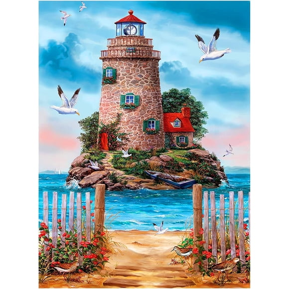 Kits de Peinture au Diamant Phare pour Adultes, Kits d'Art au Diamant Paysage pour Débutants, Bricolage 5D, Perles Rondes, Art de Gemmes, Point de Diamant, Déco Maison, Cadeau 12x16 Po