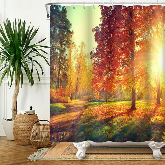 SUNOLIFE Fall Landscape Shower Curtain Autumn Forest Waterproof Fabric Bathroom Curtain 72x72 in