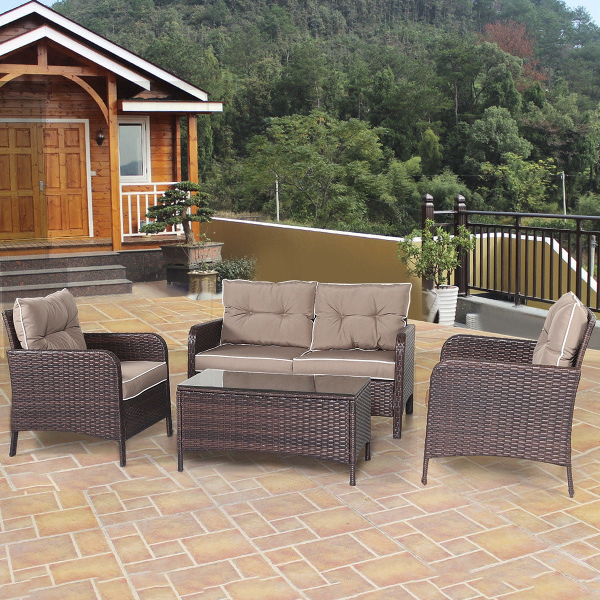 Costway 4 PCS Outdoor Patio Rattan Wicker Furniture Set Sofa Loveseat W Cushions by Costway