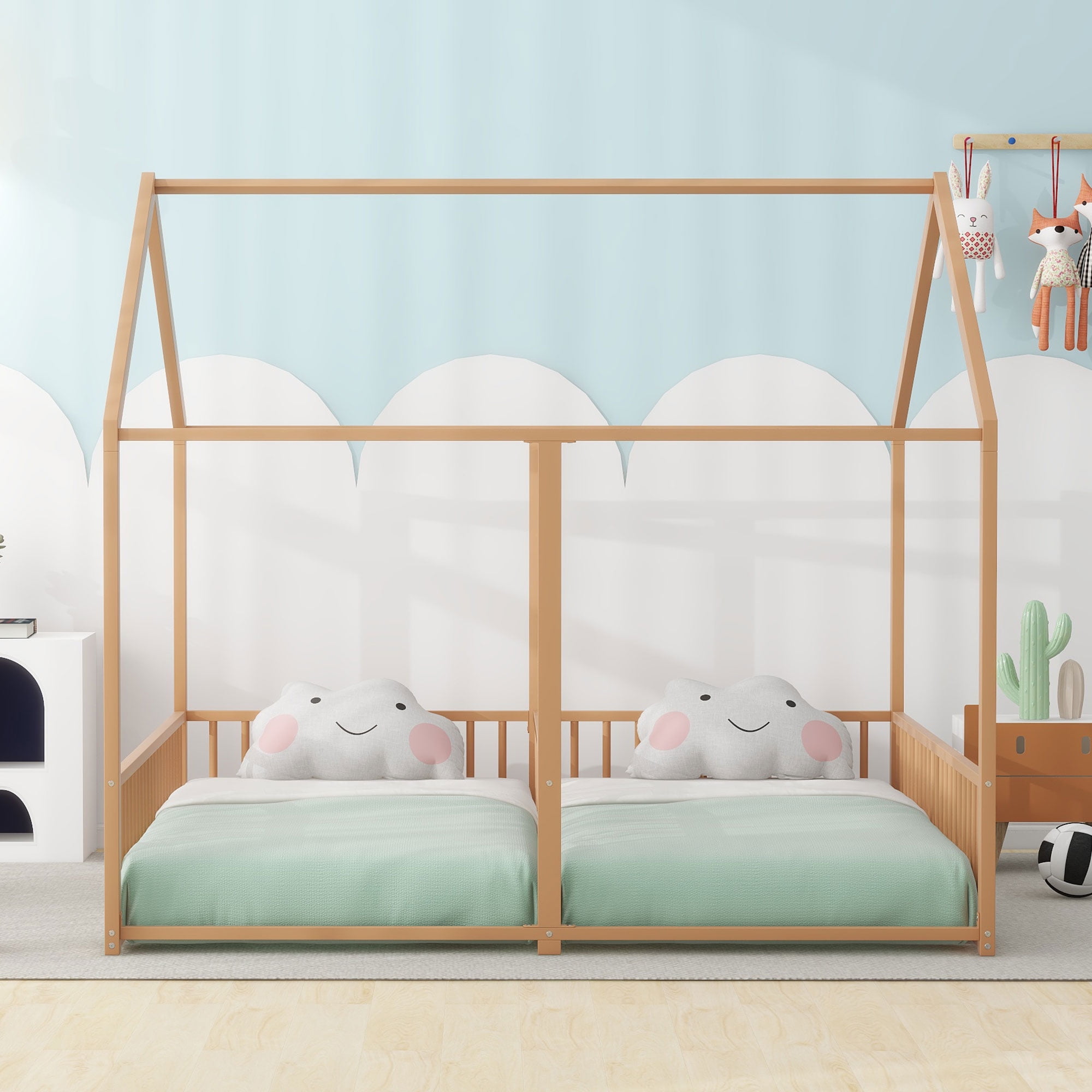 Euroco Metal Twin Size House Canopy Bed, 2-in-1 Platform Beds for Kids Teens Room, Gold