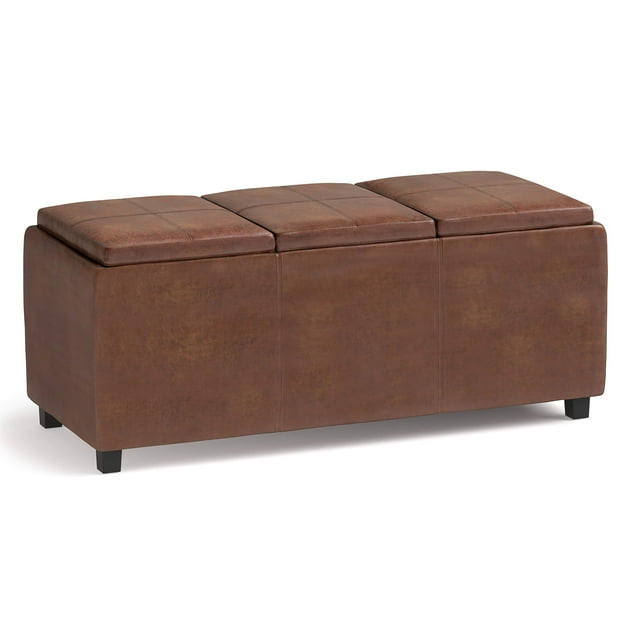 Simpli Home Avalon 42 inch Wide Rectangle Storage Ottoman with Three Flip Over Serving Trays, Distressed Saddle Brown Faux Leather