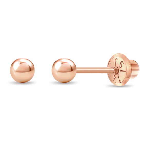 14k Rose Gold 3mm Plain Ball Earrings with Safety Screw Backs for Little Girls