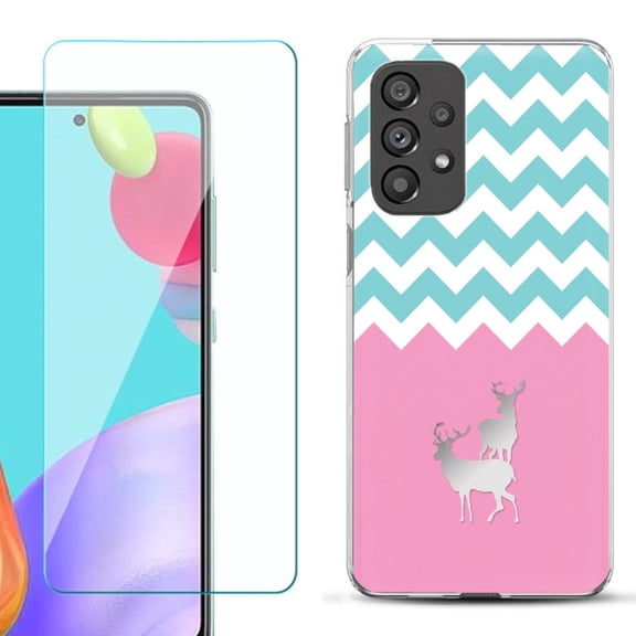 Slim-Fit Gel TPU Phone Case for Samsung Galaxy A33 5G, with Tempered Glass Screen Protector, by OneToughShield ® - Chevron/Teal/Deer