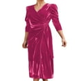 thumbnail image 3 of Femmes Velours Midi Robe Bodycon Couleur Unie V-Cou Tie-Up Robe à Manches Longues Robe de Soirée, 3 of 5