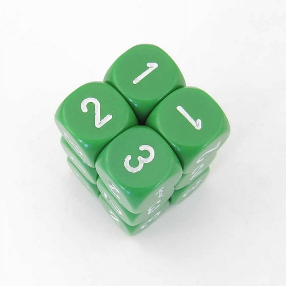 Green Opaque Dice with White Numbers D3 (D6 1-3 Twice) 16mm (5/8in) Pack of 12 Wondertrail