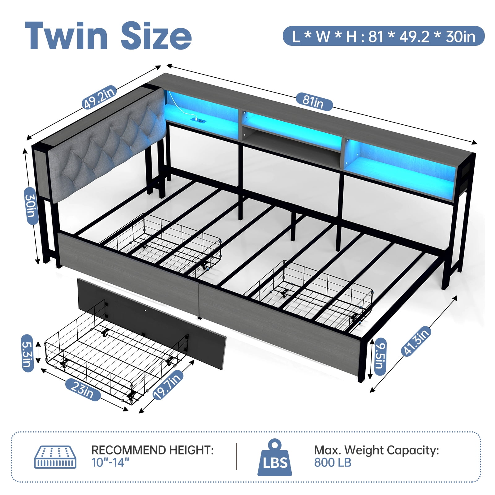 Leumius Twin Size Corner Daybed Frame, Upholstered Headboard with Bookcase Storage, 2 Drawers LED Lights & Charging Station, Noise‑Free Metal Bed Frame Gray