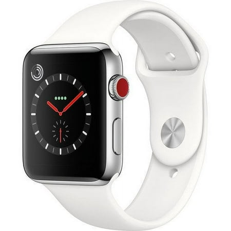 Restored Watch Series 3 42mm Apple Stainless Steel Case with Soft White Sport Band GPS + Cellular MQK82LL/A (Refurbished)