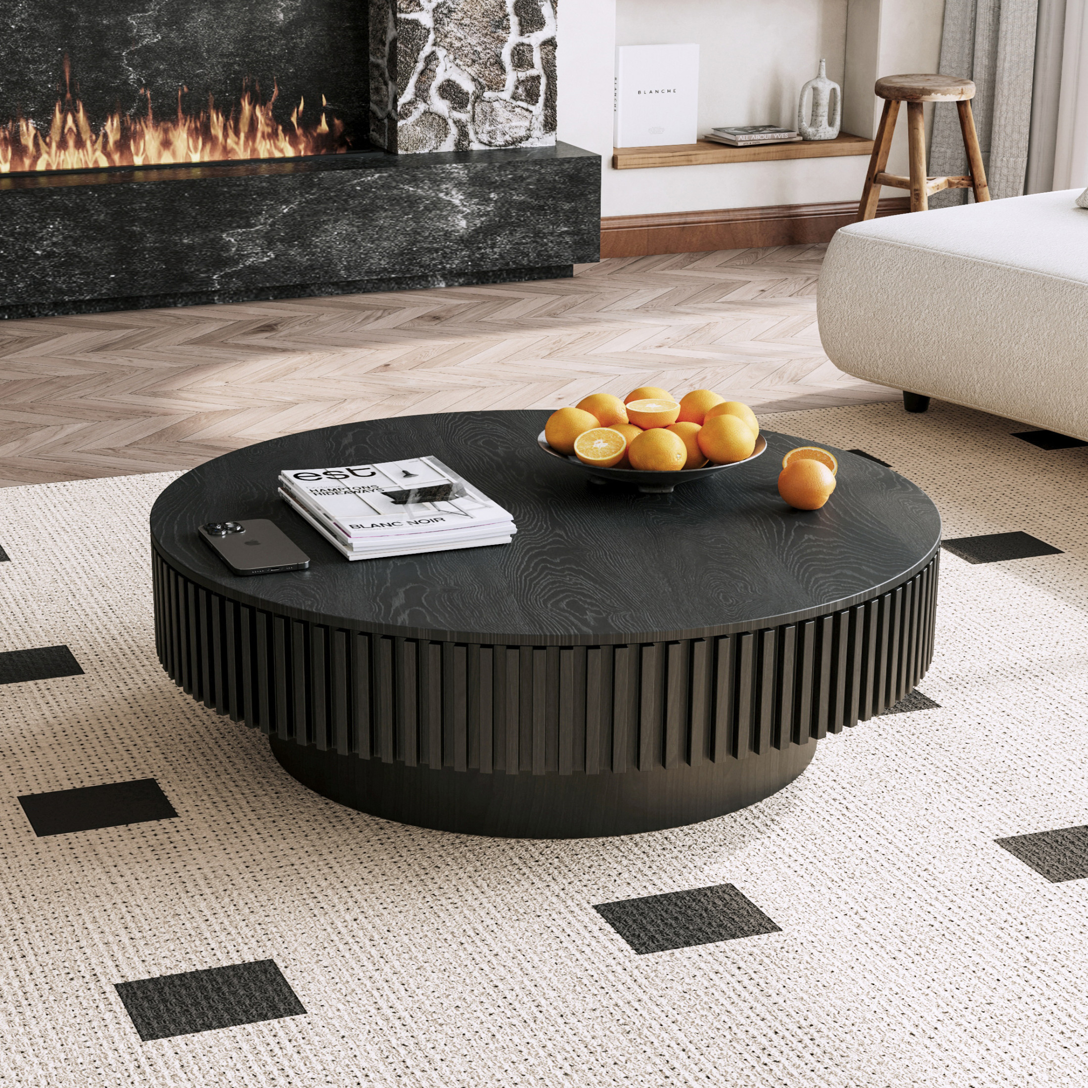 Noble House Leigh 39.3" Round Coffee Table with Hidden Storage, Solid Wood Veneer Fluted Accent Tea Table, Black