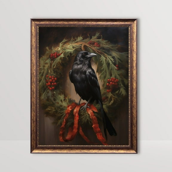 Zuno Christmas Raven Dark Academia Wall Art, Gothic Crow Wreath Festive Rustic Holiday Decor Vintage Moody Winter Print Xmas Printable- Wall Art Print, 8x12 UNFRAMED