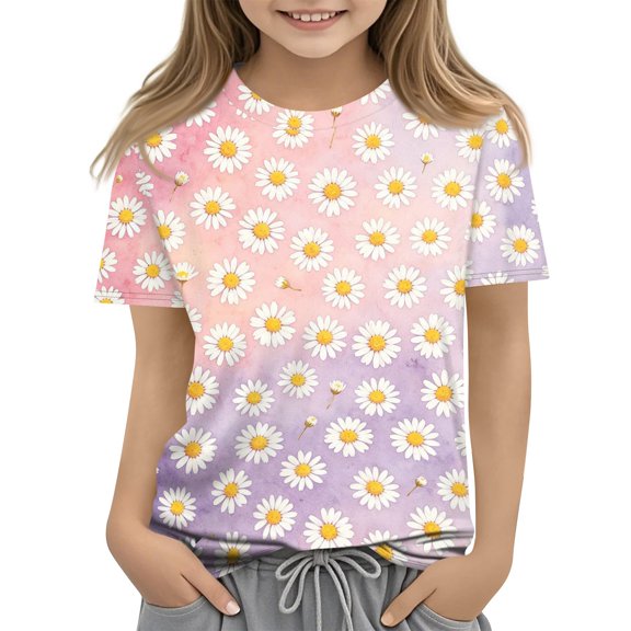 Abcomgle Girls Tshirts 6-7 Years Old Crewneck Daisy Flower Print Toddler Girls T-Shirts Short Sleeve Toddler T-Shirt Summer Gradient Cotton Tops