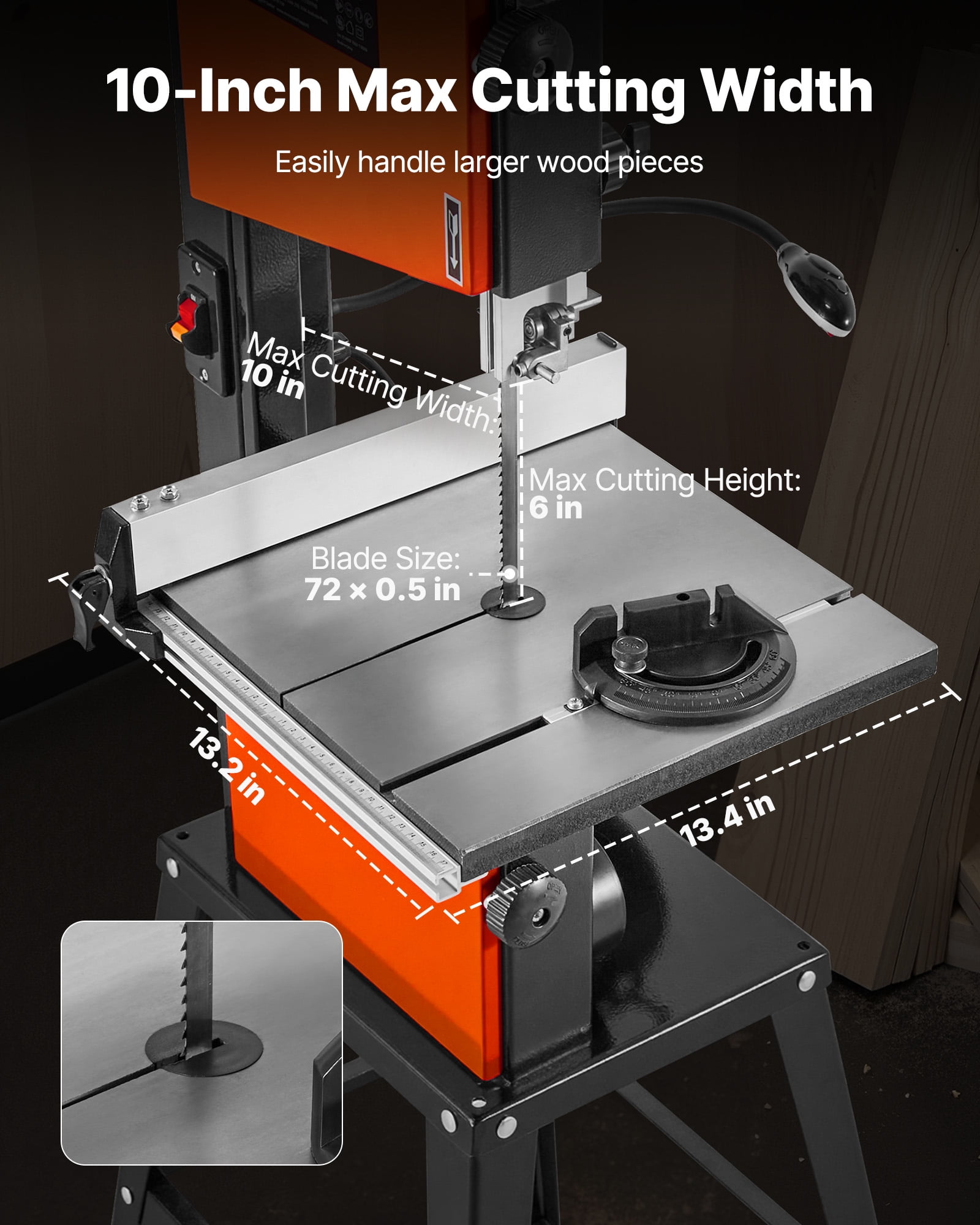 VEVOR Band Saw with Stand, 10-Inch, Two-Speed Benchtop Bandsaw, 373W 1/2 HP, 6 in Max Cutting Height, 13.2 x 13.4 in Cast Iron Table, with 360° Work Light,Miter Gauge, Fence, Band Saw for Woodworking