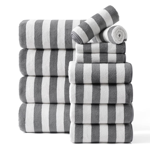 Smuge 12 Pcs Stripe Family Bath Towels Set - 4 Bath Sheet Towels, 4 Hand Towels, 4 Washcloths, Microfiber Soft Shower Towel for Bathroom(Dark Gray)