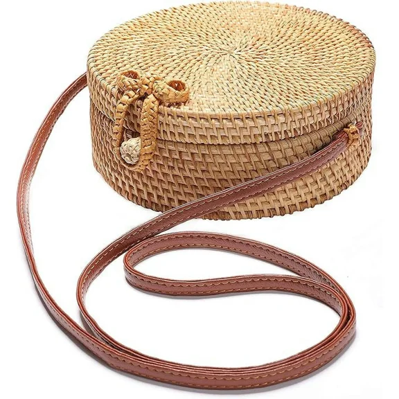 Handwoven Rattan Bag Shoulder with Leather Strap, Women Handmade Wicker Woven Purse, Brown Straw Boho Basket Handbag(7.9x7.9x3.1inches)