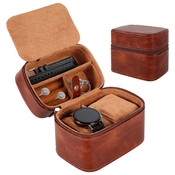 2-Slot Watch Travel Case for Men, Hard PU Leather Watch Organizer Box with Velvet Interior Jewelry Storage Compartment for Rings and Bracelets