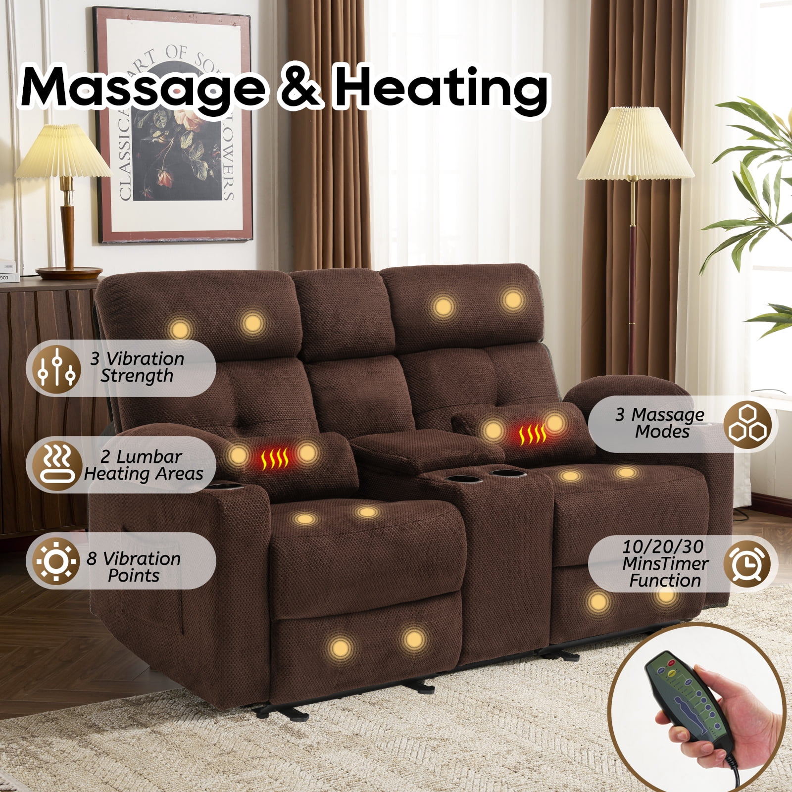 PYOIER Reclining Loveseat Sofa With Massage & Heating, Grey